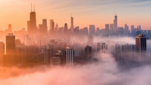 Chicago skyline in the fog