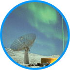 Image of northern lights with satellite dish( Sondrestrom Research Facility in Greenland) 1980s