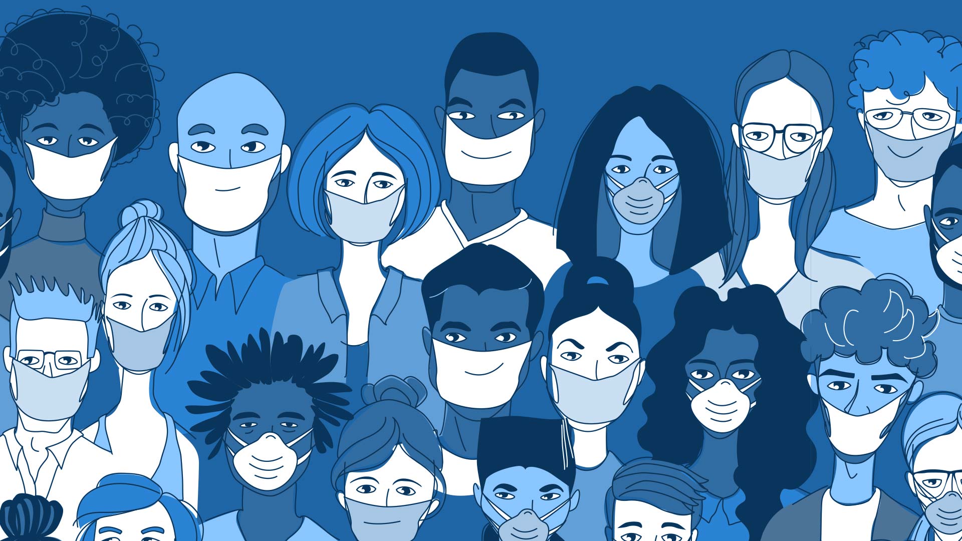 cartoon of blue faces wearing surgical masks