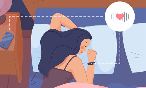 Graphic of woman sleeping with watch that monitors heartbeat and sends signal to phone