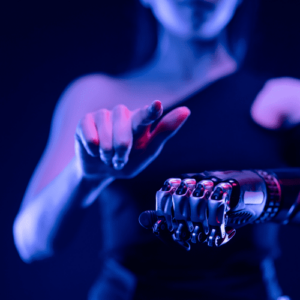 Female figure with robotic hand