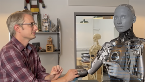 Scientist and humanoid robot with face