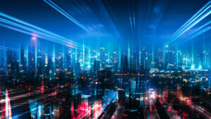 Cityscape with radiating blue lights