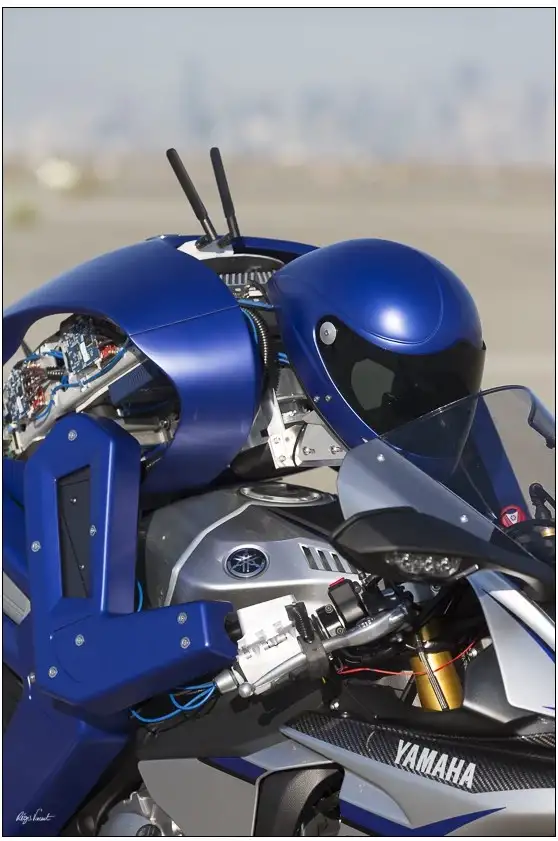 Motobot robotic motorcycle rider closeup
