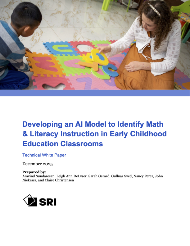 The cover page of the white paper "Developing an AI Model to Identify Math and Literacy Instruction in Early Childhood Education Classrooms."
