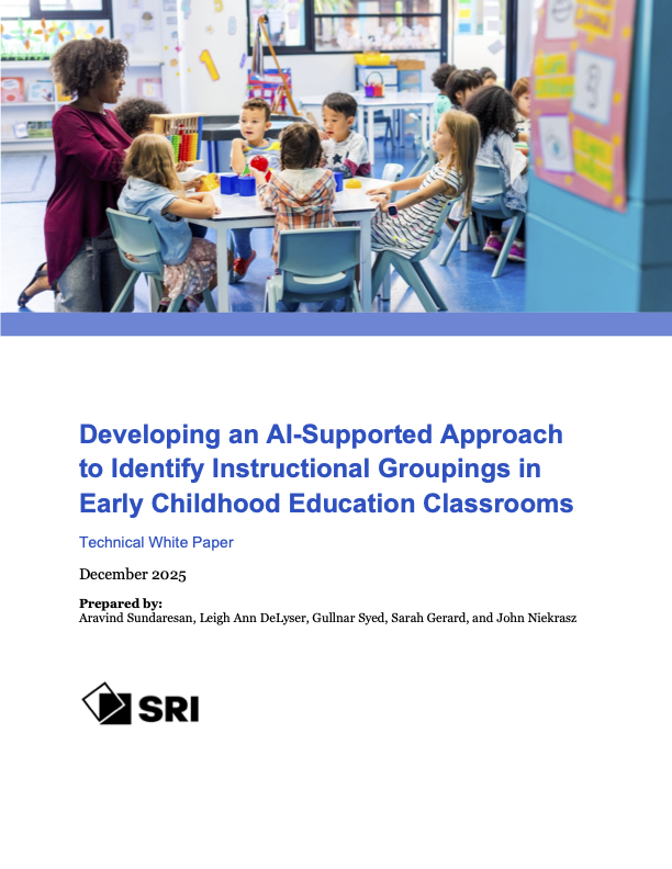 The cover page to the white paper "Developing an AI-Supported Approach to Identify Instructional Groupings in Early Childhood Education Classrooms"