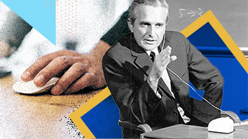 Collage of Douglas Engelbart at the Mother of All Demos and a modern computer mouse